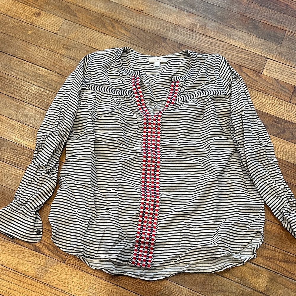 J. Crew Black and White Striped Blouse with Pink Accents